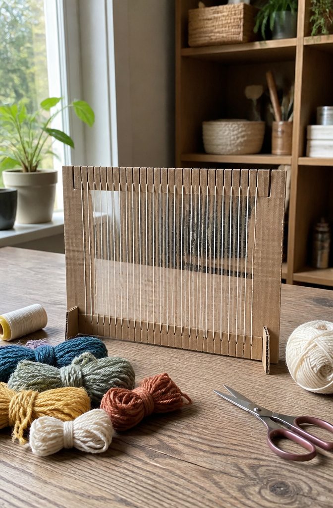 25 Ideas to Make Stuff Out of Cardboard at Home 20 Homemade cardboard loom with yarn and crafting supplies.
