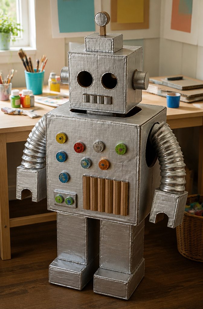 25 Ideas to Make Stuff Out of Cardboard at Home 14 Cardboard robot costume made from boxes and tubes.