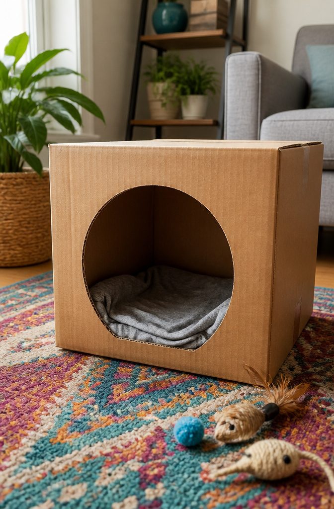 25 Ideas to Make Stuff Out of Cardboard at Home 8 Cardboard box with a cut-out opening serving as a cat cave.