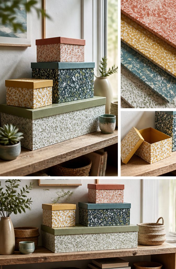 25 Ideas to Make Stuff Out of Cardboard at Home 17 Covered cardboard storage boxes displayed on a shelf.