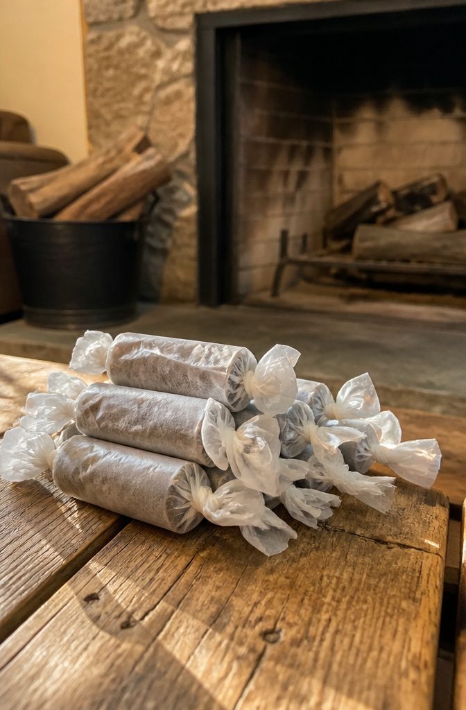 25 Ideas to Make Stuff Out of Cardboard at Home 2 Wrapped toilet tissue tubes filled with dryer lint on a wooden surface.