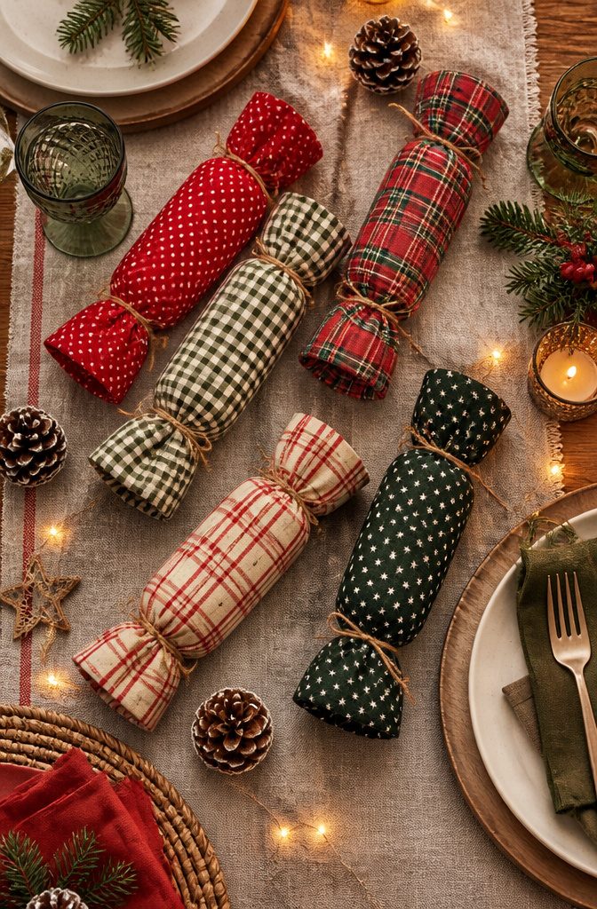 25 Ideas to Make Stuff Out of Cardboard at Home 10 Homemade fabric Christmas crackers made from cardboard tubes.