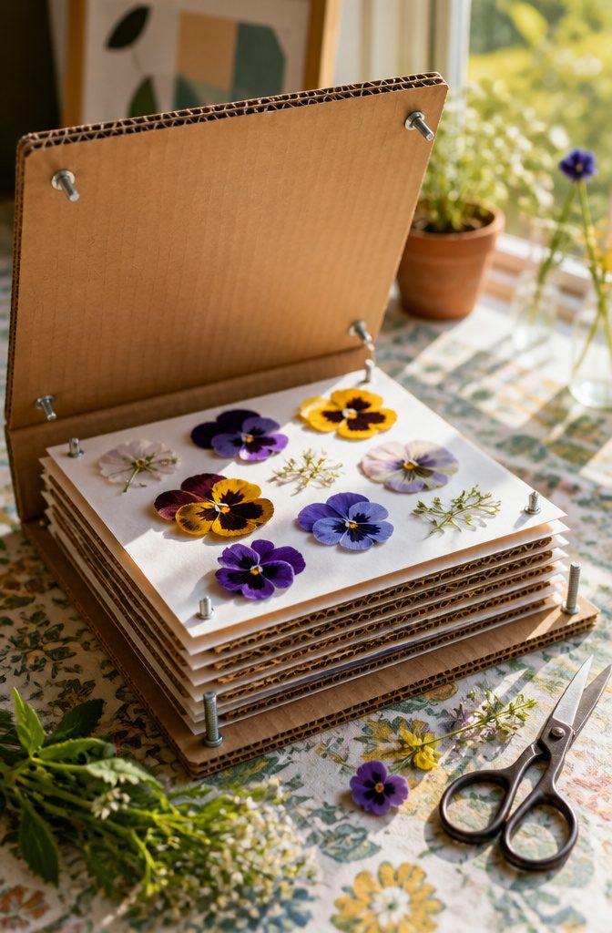 25 Ideas to Make Stuff Out of Cardboard at Home 3 Cardboard flower press with flowers and paper layers inside.