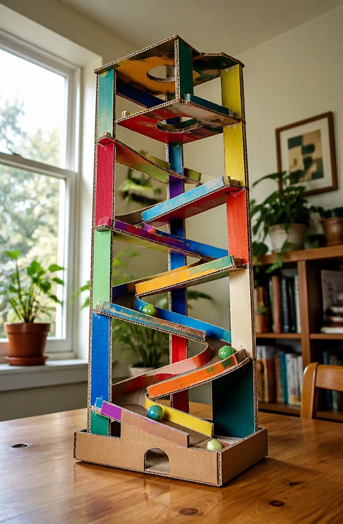 25 Ideas to Make Stuff Out of Cardboard at Home 13 Cardboard marble run tower with ramps and tunnels.