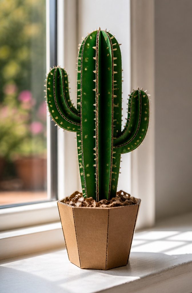 25 Ideas to Make Stuff Out of Cardboard at Home 7 A cardboard cactus placed in a pot on a desk.