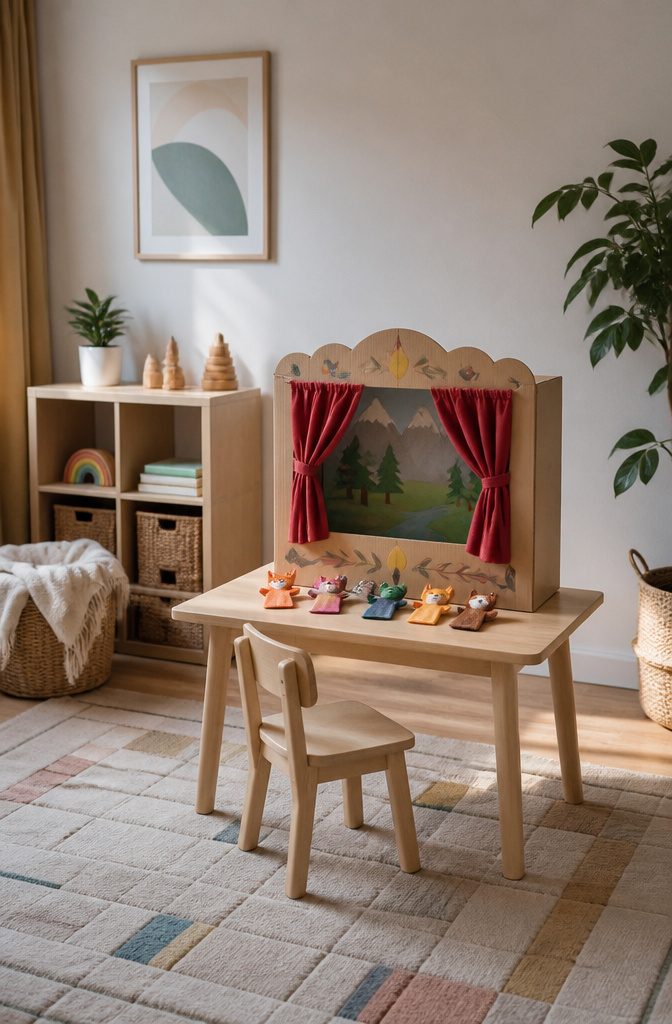 25 Ideas to Make Stuff Out of Cardboard at Home 16 Cardboard puppet theater with decorative curtains and a stage.
