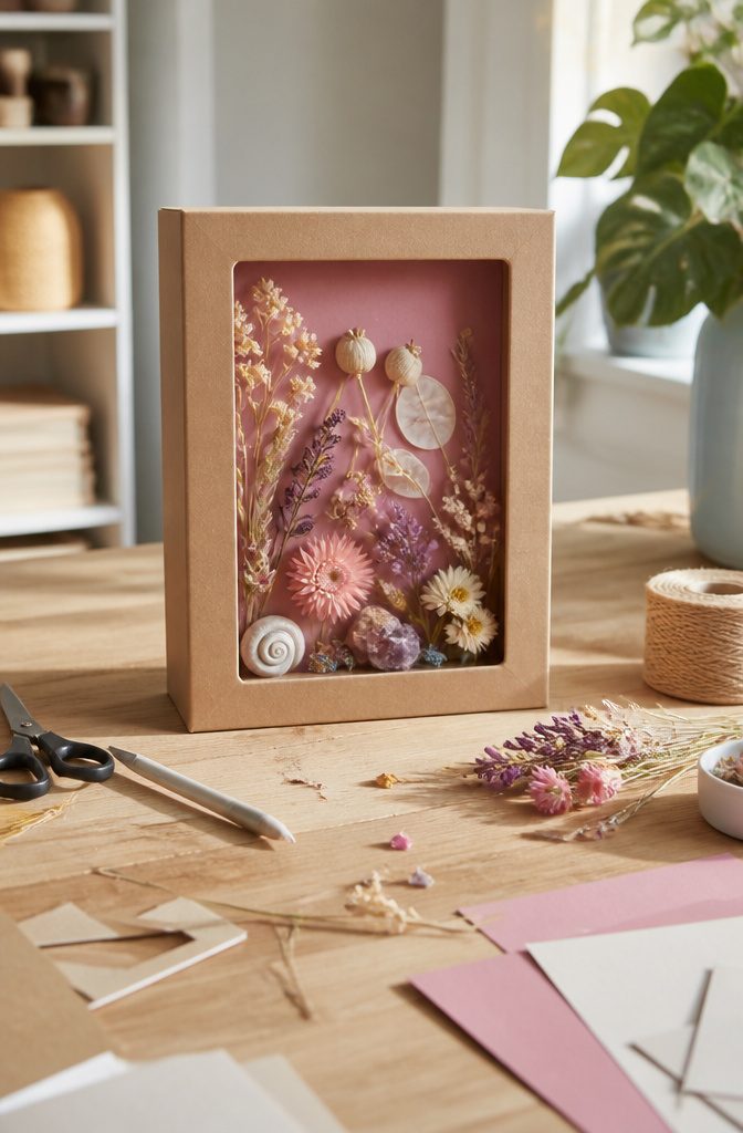 25 Ideas to Make Stuff Out of Cardboard at Home 9 Gift box turned shadow box filled with dried flowers and trinkets.