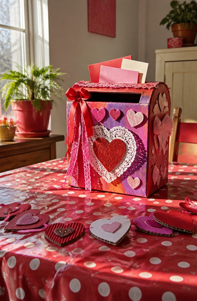 25 Ideas to Make Stuff Out of Cardboard at Home 6 Brightly painted cardboard mailbox surrounded by festive decorations.