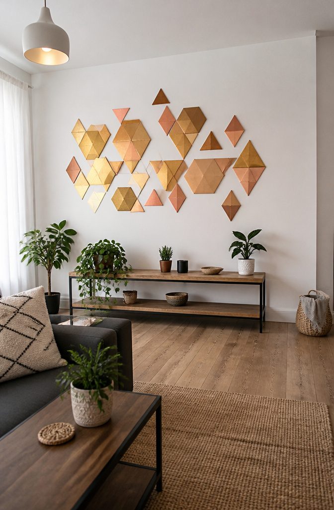 25 Ideas to Make Stuff Out of Cardboard at Home 5 Painted cardboard geometric shapes arranged on a wall.