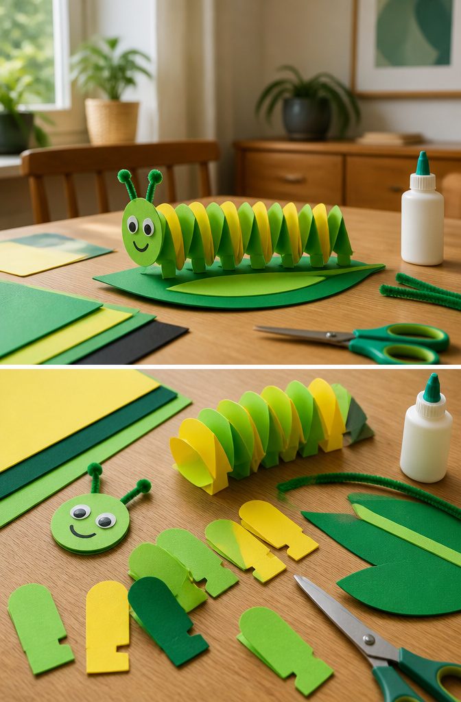 A printable template for making a 3D caterpillar with colored paper.