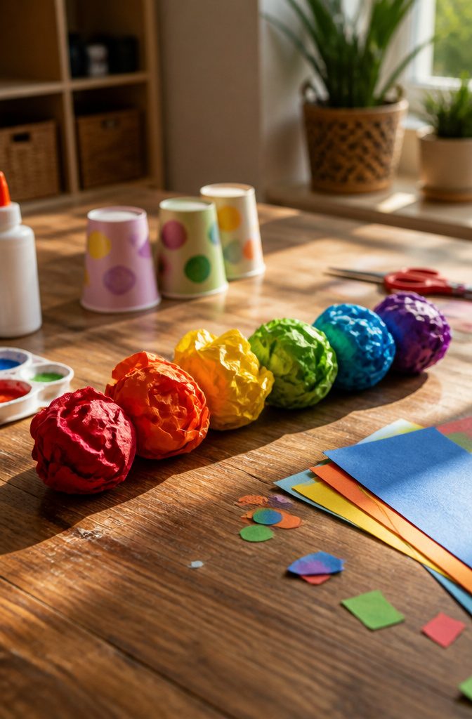 A collection of crumpled construction paper balls in various colors.