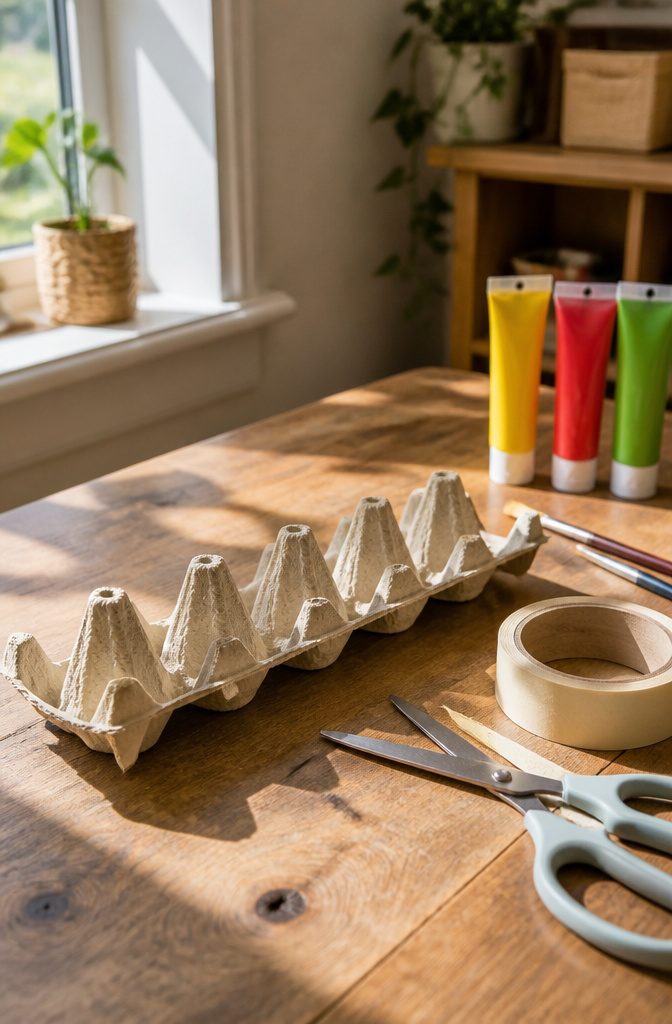 An egg carton cut in half, showing molded cups for a caterpillar.