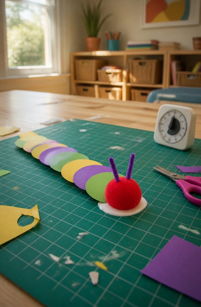 A caterpillar craft with a red pom-pom head and colorful paper body.