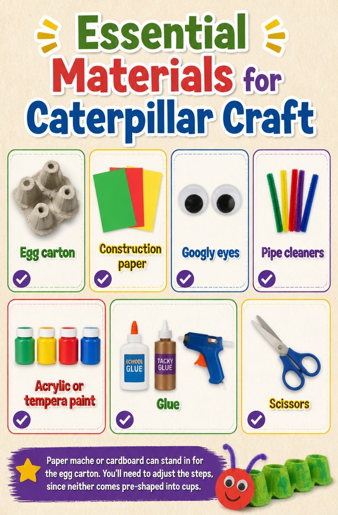 A list of materials needed for making a caterpillar craft.