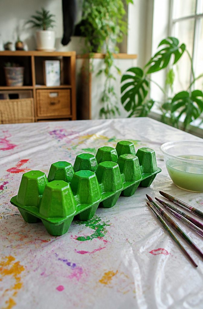 An egg carton coated in green acrylic paint on a splattered tablecloth.