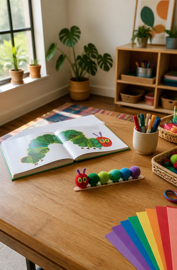 A copy of The Very Hungry Caterpillar book next to a caterpillar craft.