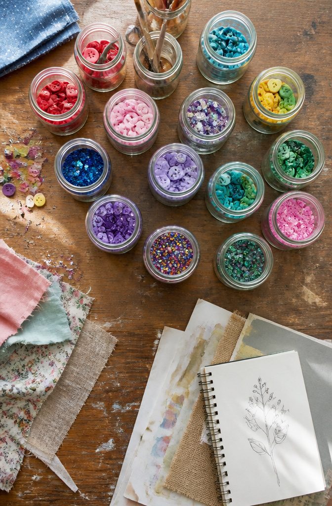 20 Mini Jar Crafts and Ideas for Home, Gifts and Decor 21 Assorted mini jars holding craft supplies like buttons and beads.
