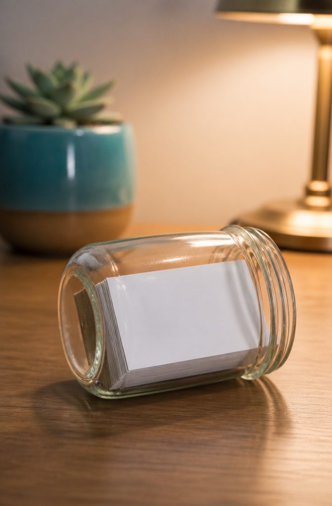 20 Mini Jar Crafts and Ideas for Home, Gifts and Decor 15 A jar used as a holder for business cards on a desk.