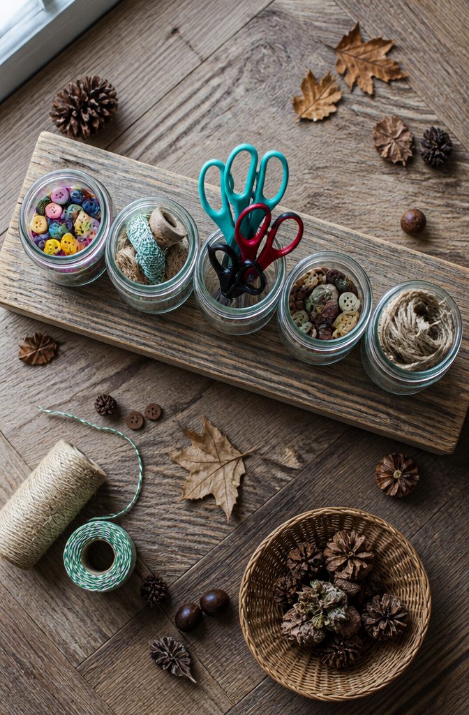 20 Mini Jar Crafts and Ideas for Home, Gifts and Decor 18 Jars holding office supplies mounted on a wooden board.