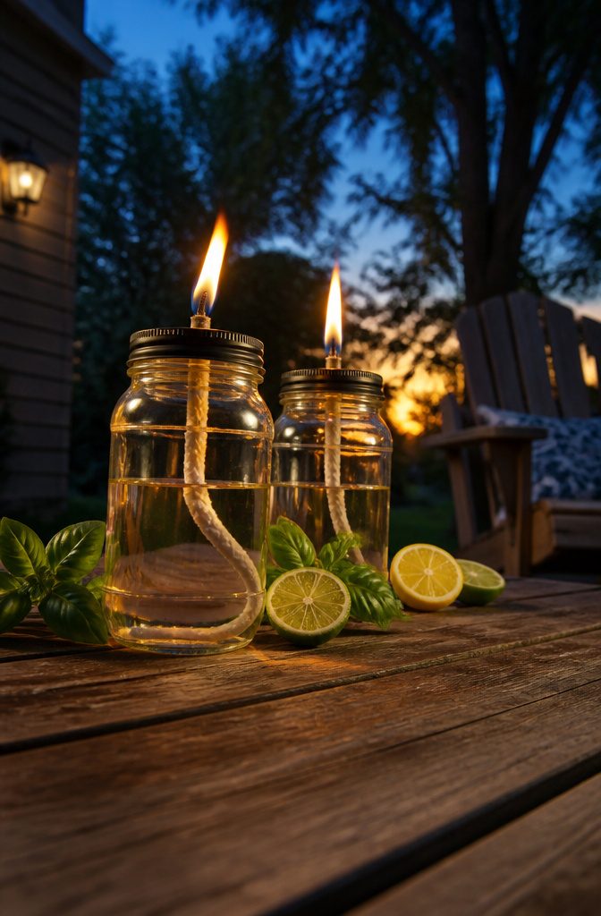 20 Mini Jar Crafts and Ideas for Home, Gifts and Decor 12 Mason jars filled with tiki torch fluid and wicks.