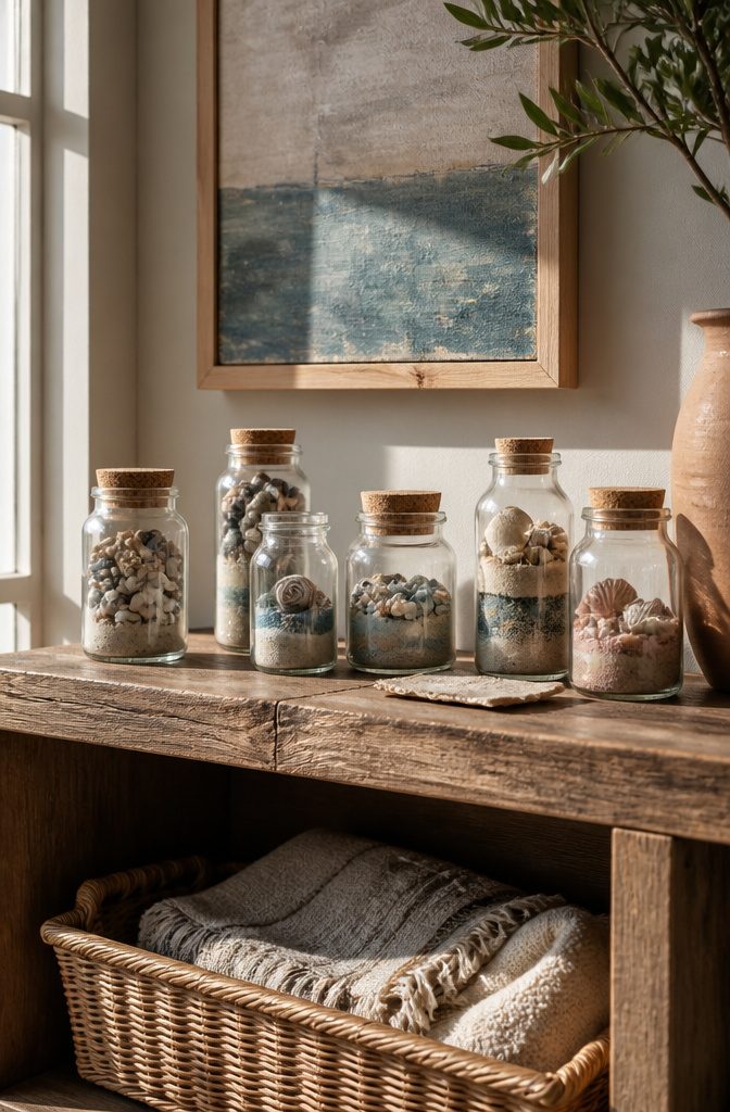 20 Mini Jar Crafts and Ideas for Home, Gifts and Decor 5 Assorted memory jars showcasing layers of sand and small tokens.
