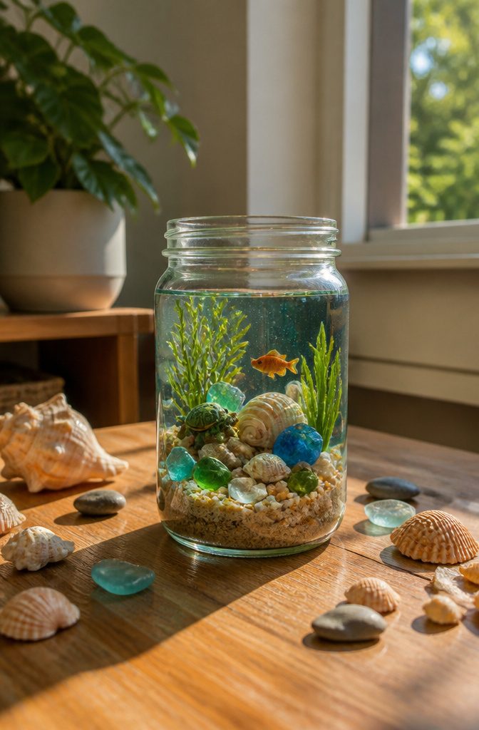 20 Mini Jar Crafts and Ideas for Home, Gifts and Decor 8 A mason jar aquarium displaying sand, shells, and small figures.