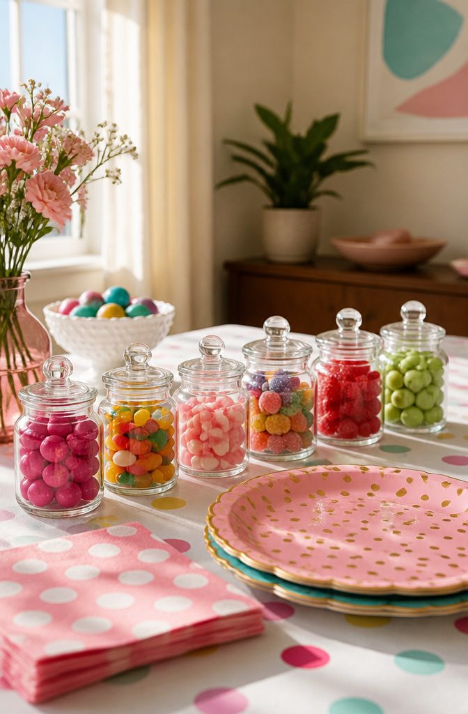 20 Mini Jar Crafts and Ideas for Home, Gifts and Decor 10 Various mini jars filled with candies on a party table.