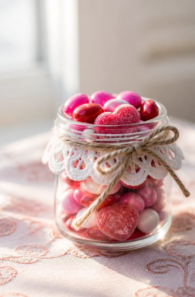 20 Mini Jar Crafts and Ideas for Home, Gifts and Decor 7 A small jar decorated for Valentine's Day with candy inside.