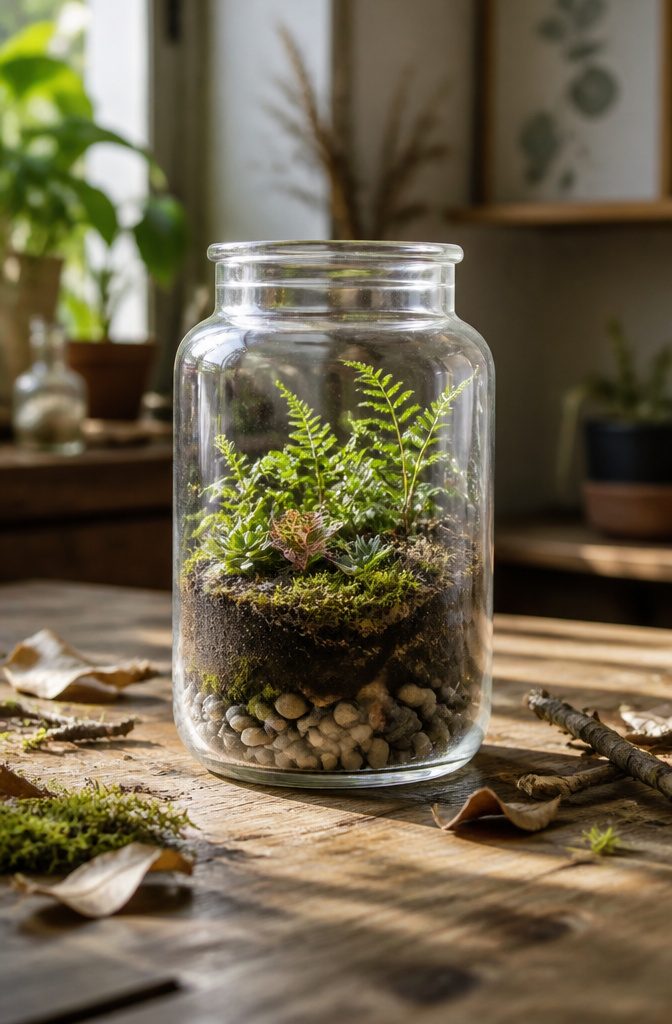 20 Mini Jar Crafts and Ideas for Home, Gifts and Decor 4 A terrarium inside a jar with layers of soil and small plants.