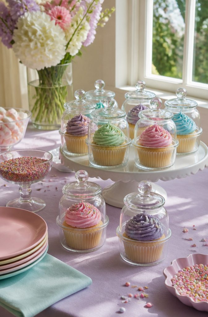 20 Mini Jar Crafts and Ideas for Home, Gifts and Decor 17 Glass jars holding cupcakes with colorful frosting on a table.