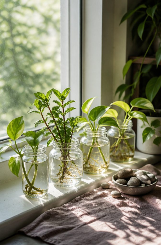 20 Mini Jar Crafts and Ideas for Home, Gifts and Decor 2 Glass jars containing plant cuttings with visible roots in water.