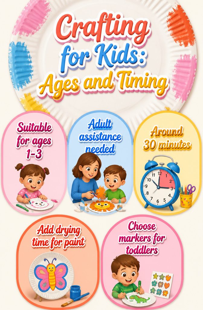 10 Easy Paper Plate Crafts Ideas for Kids to Make Today 12 A guide showing ages and timing for paper plate crafts suitable for children.