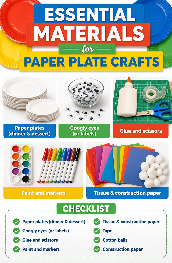 10 Easy Paper Plate Crafts Ideas for Kids to Make Today 11 A collection of essential materials for making paper plate crafts.