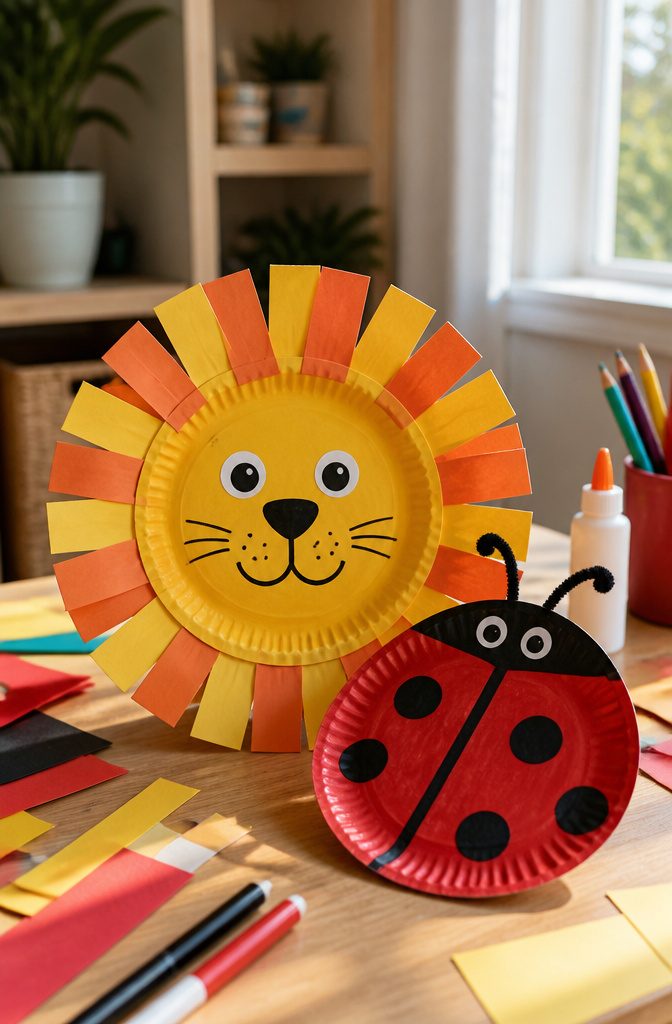 10 Easy Paper Plate Crafts Ideas for Kids to Make Today 1 A collection of painted paper plate animals including a lion and a ladybug.