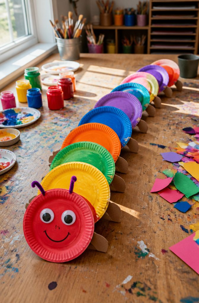 10 Easy Paper Plate Crafts Ideas for Kids to Make Today 10 A long paper plate caterpillar made from multiple plates, surrounded by paint.