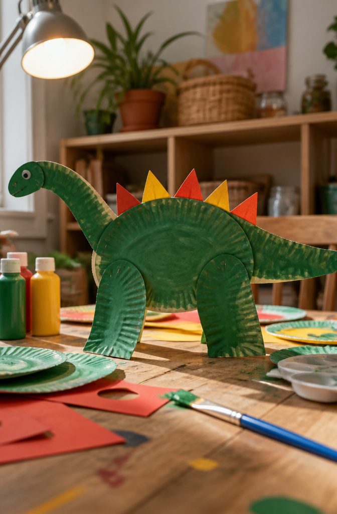 10 Easy Paper Plate Crafts Ideas for Kids to Make Today 7 A paper plate dinosaur made from cut plates, showcasing a vibrant design.