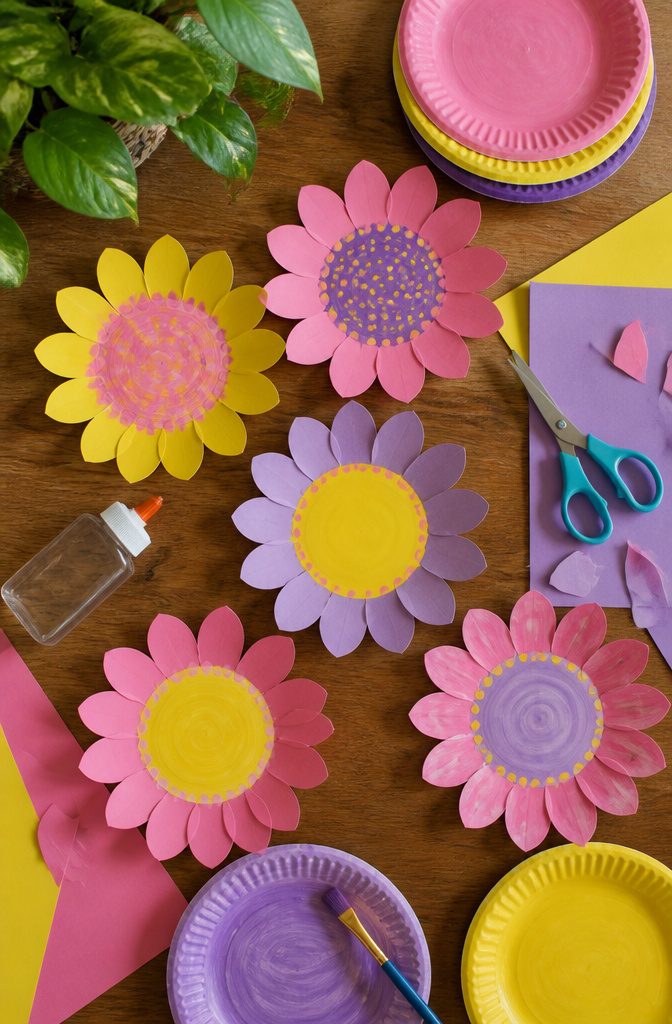 10 Easy Paper Plate Crafts Ideas for Kids to Make Today 5 An array of painted paper plate flowers made with colorful tissue paper.