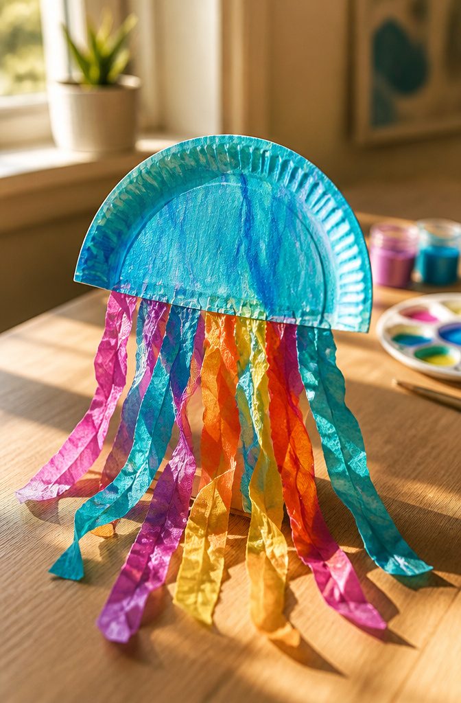 10 Easy Paper Plate Crafts Ideas for Kids to Make Today 8 A painted semicircle paper plate jellyfish with wavy tissue paper tentacles.