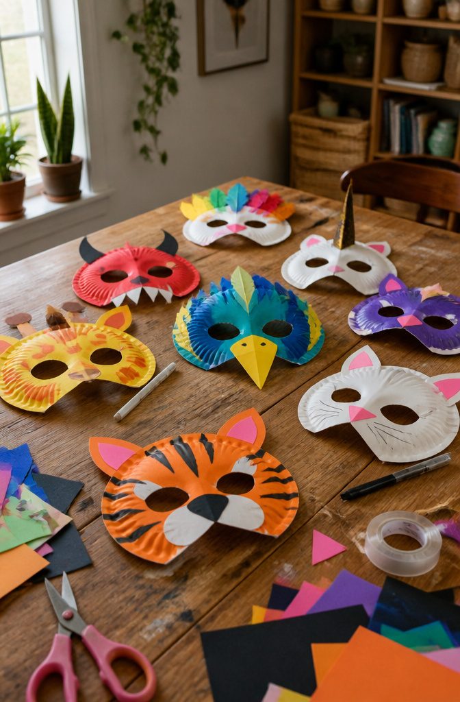 10 Easy Paper Plate Crafts Ideas for Kids to Make Today 2 Colorful paper plate masks with eye holes and craft materials scattered around.