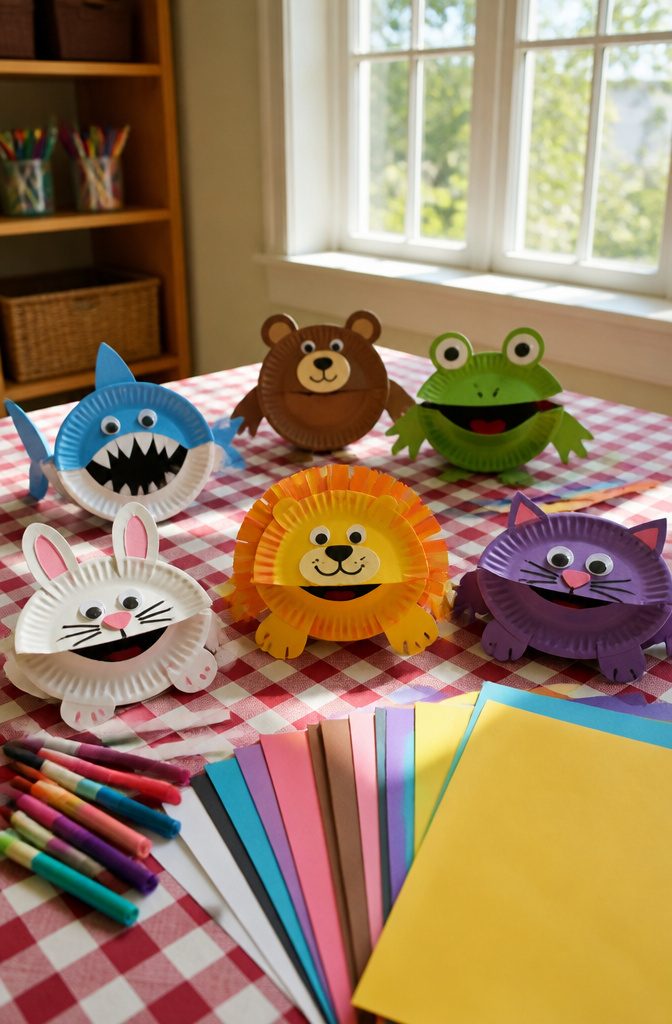 10 Easy Paper Plate Crafts Ideas for Kids to Make Today 6 Colorful paper plate puppets including a lion, arranged on a table.