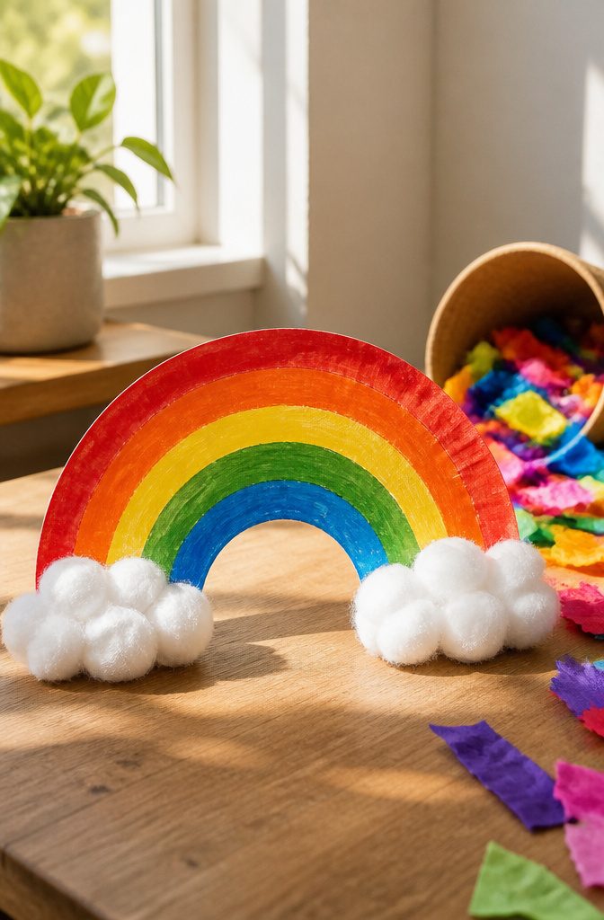10 Easy Paper Plate Crafts Ideas for Kids to Make Today 9 A paper plate cut in half, painted and decorated to resemble a rainbow.