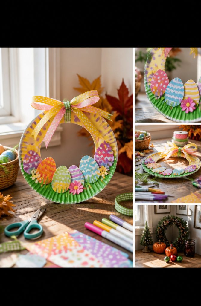10 Easy Paper Plate Crafts Ideas for Kids to Make Today 13 A paper plate wreath displayed with seasonal decorations and themes.