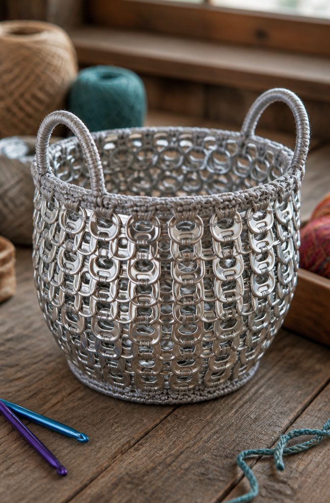Pop Tab Crafts: Upcycled Projects Made From Soda Can Tabs 12 A pop tab basket crafted using crochet methods.