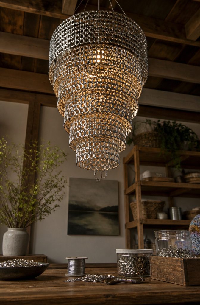 Pop Tab Crafts: Upcycled Projects Made From Soda Can Tabs 18 A pop tab chandelier designed for interior lighting.