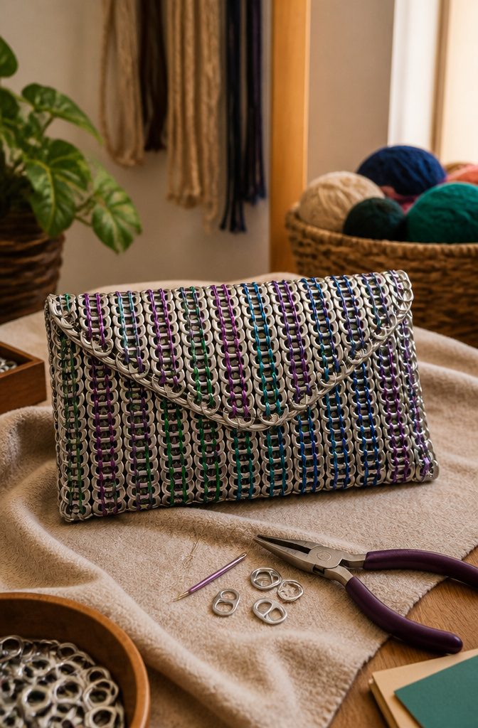 Pop Tab Crafts: Upcycled Projects Made From Soda Can Tabs 6 An elegant clutch made from linked pop tabs.