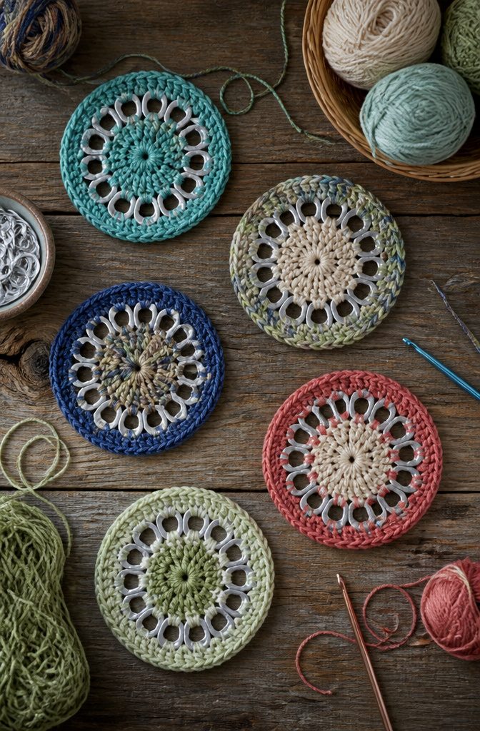 Pop Tab Crafts: Upcycled Projects Made From Soda Can Tabs 9 Crocheted coasters incorporating aluminum pop tabs.