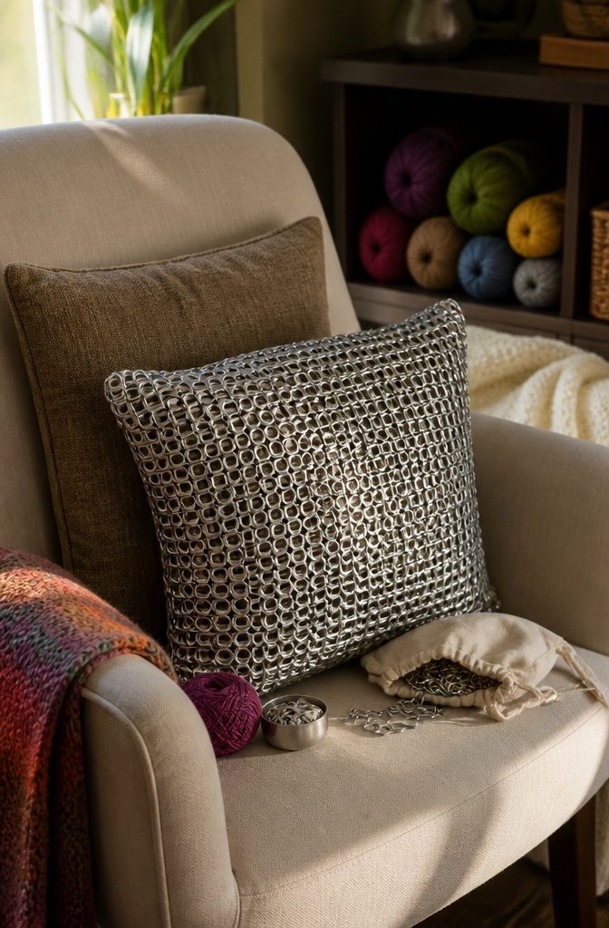 Pop Tab Crafts: Upcycled Projects Made From Soda Can Tabs 17 A pillow crafted from joined pop tabs.