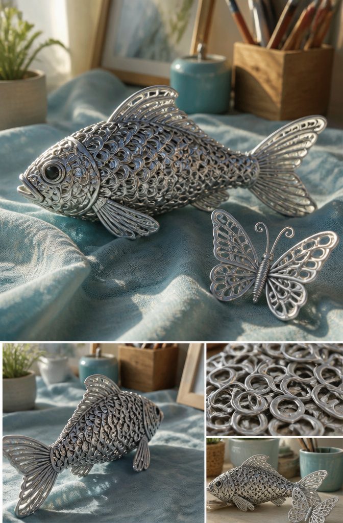 Pop Tab Crafts: Upcycled Projects Made From Soda Can Tabs 19 A pop tab fish and butterfly crafted from aluminum tabs.