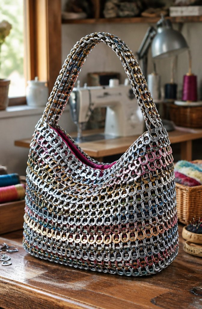 Pop Tab Crafts: Upcycled Projects Made From Soda Can Tabs 4 A handbag crafted from linked aluminum soda can tabs.