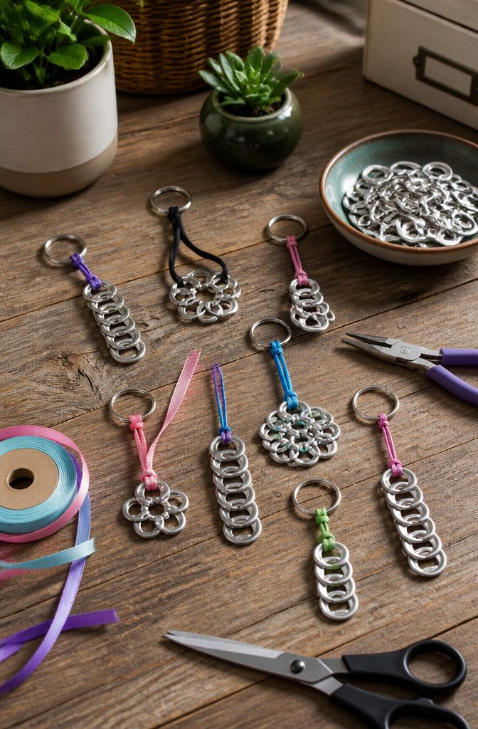 Pop Tab Crafts: Upcycled Projects Made From Soda Can Tabs 10 A collection of keychains made from pop tabs.